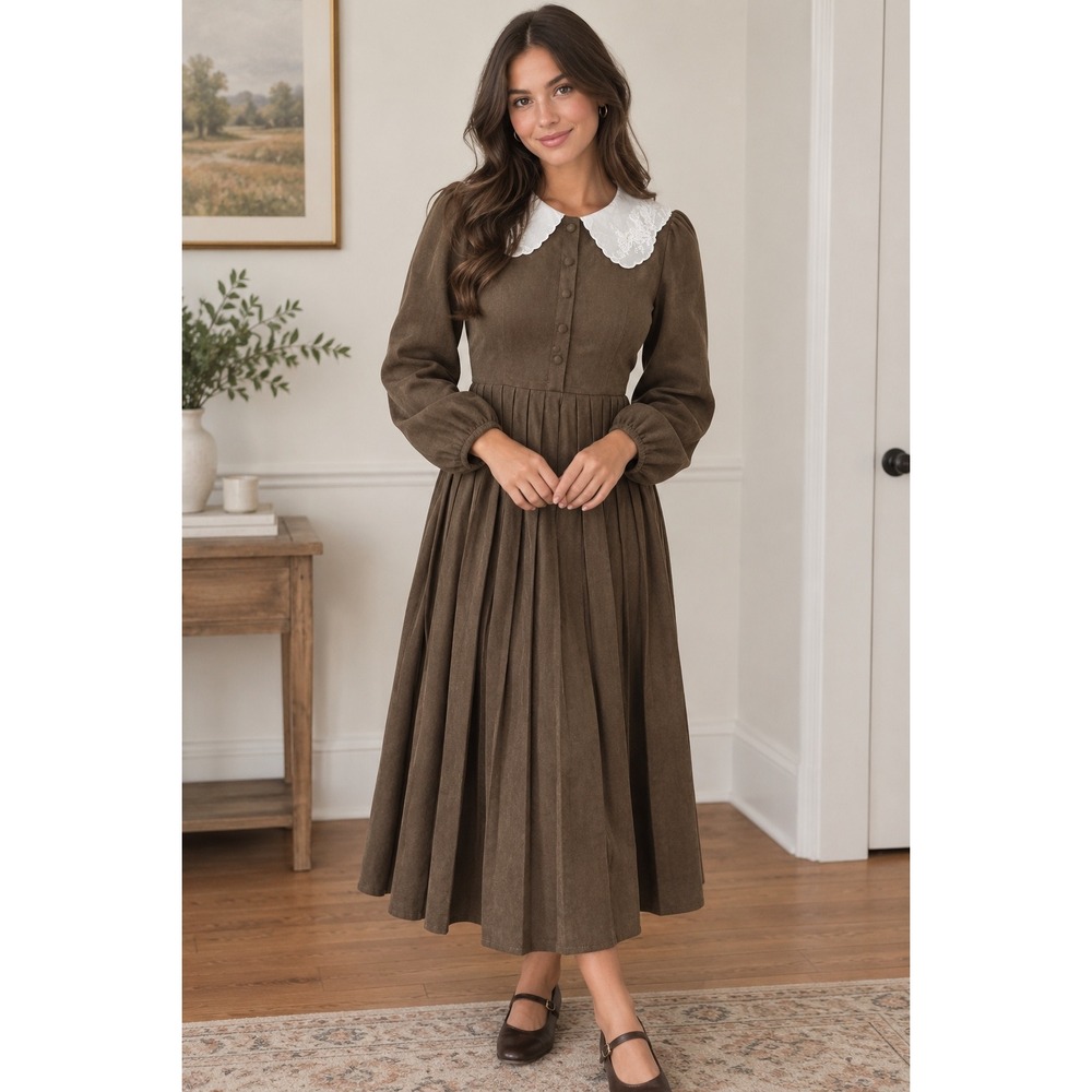 Carol Brown Corduroy Midi Dress Lace Peter Pan Collar Cottagecore Vintage Style